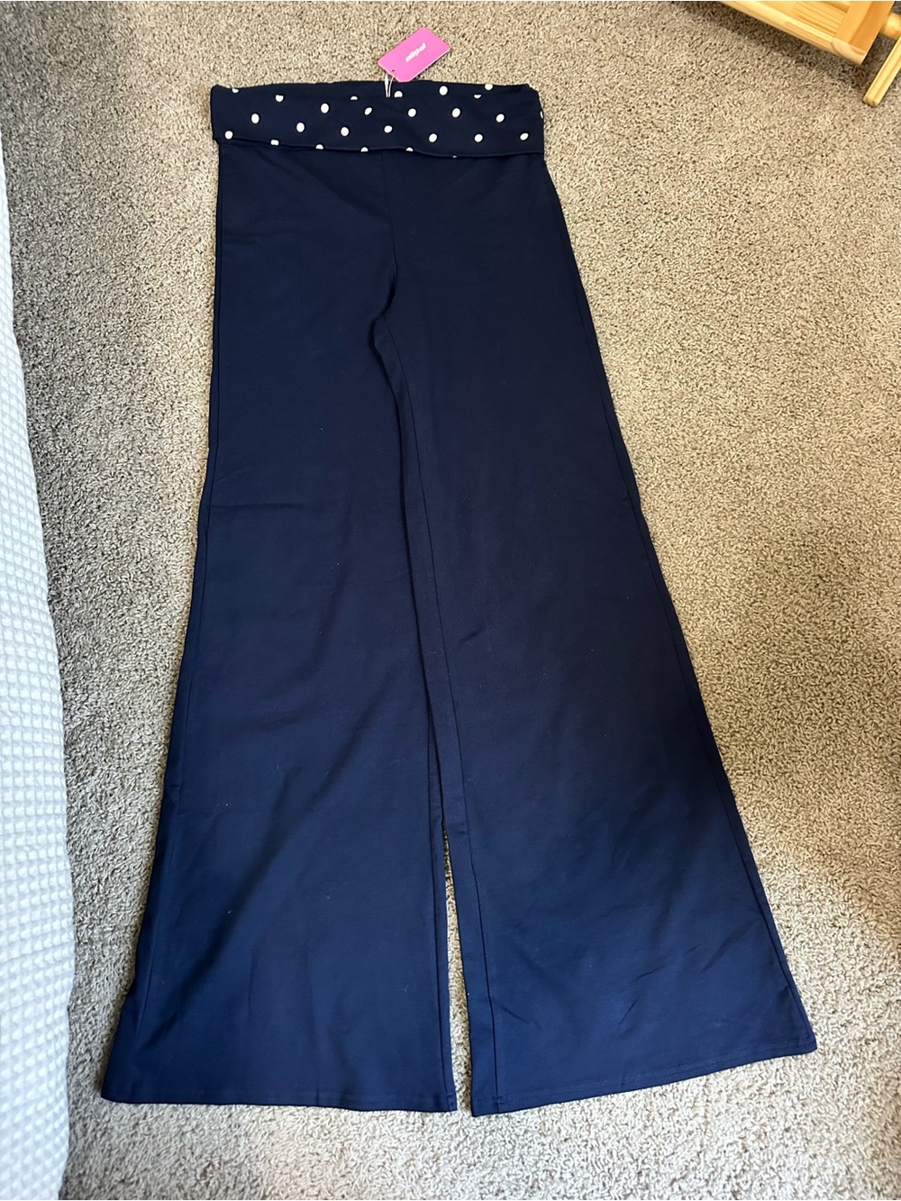 Edikted Navy Wide-Leg Pants with Polka Dot Fold-Over Waist